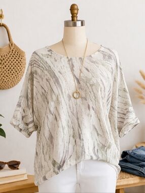 Pure Jill Linen Blend Dolman Top Relaxed Fit Neutral Abstract